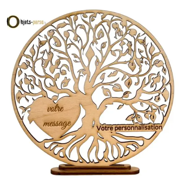 Arbre de Vie en Bois Coeur avec Support - Découpé et Gravé au Laser