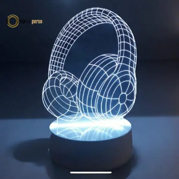Veilleuse 3D LED Casque Audio Multicolore Personnalisable avec Télécommande - 16 Couleurs