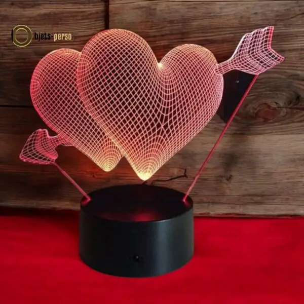 Veilleuse 3D LED Cœur Flèche Multicolore Personnalisable avec Télécommande - 16 Couleurs