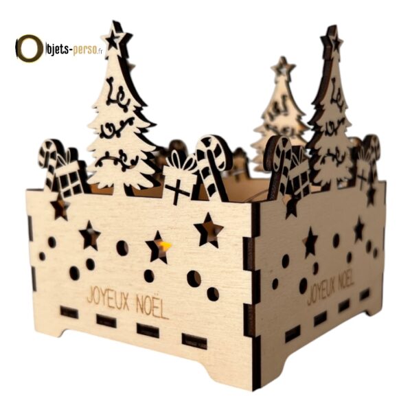Bougeoir de Noël - Découpe Sapin et Cadeau en Bois 89x89 mm - Personnalisable avec ou sans Bougie LED – Image 5