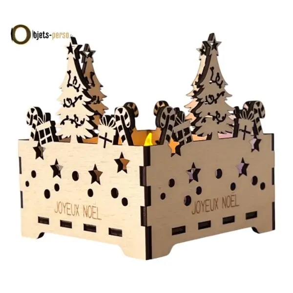 Bougeoir de Noël - Découpe Sapin et Cadeau en Bois 89x89 mm - Personnalisable avec ou sans Bougie LED