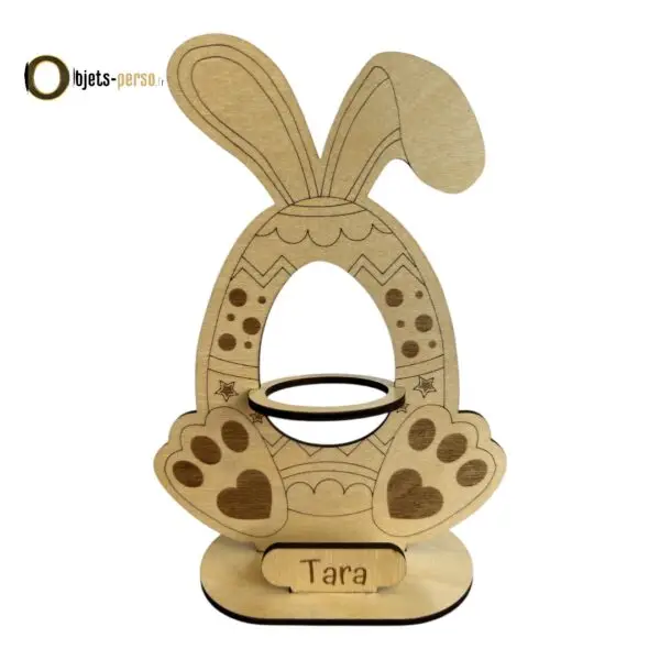 Support Œuf de Pâques Personnalisable - Motif Lapin en Bois Gravé - 190x140x60 mm - Personnalisable