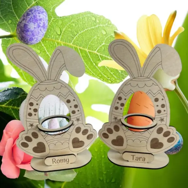 Support Œuf de Pâques Personnalisable - Motif Lapin en Bois Gravé - 190x140x60 mm - Personnalisable – Image 3