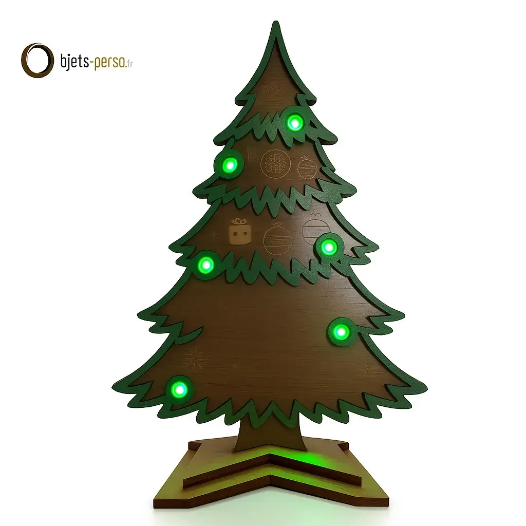 Sapin de Noël en Bois et Acrylique Transparent avec LED et Contrôle Bluetooth – Personnalisable – Support Inclus
