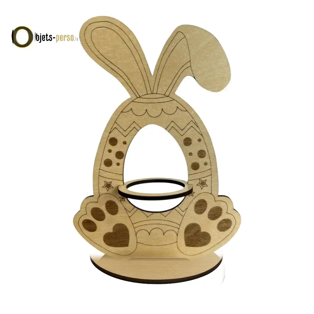 Support Œuf de Pâques Personnalisable – Motif Lapin en Bois Gravé – 190x140x60 mm – Personnalisable